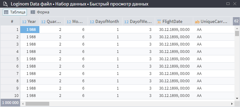 Быстрый просмотр данных Табличного порта (режим Таблица).