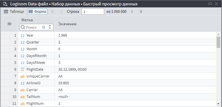 Быстрый просмотр данных Табличного порта (режим Форма).